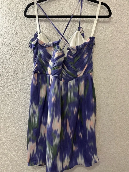 Purple Blue Abstract Print Dress | Flowy Fit & Flare Mini | 100% Silk | Size 8 - Picture 9 of 16